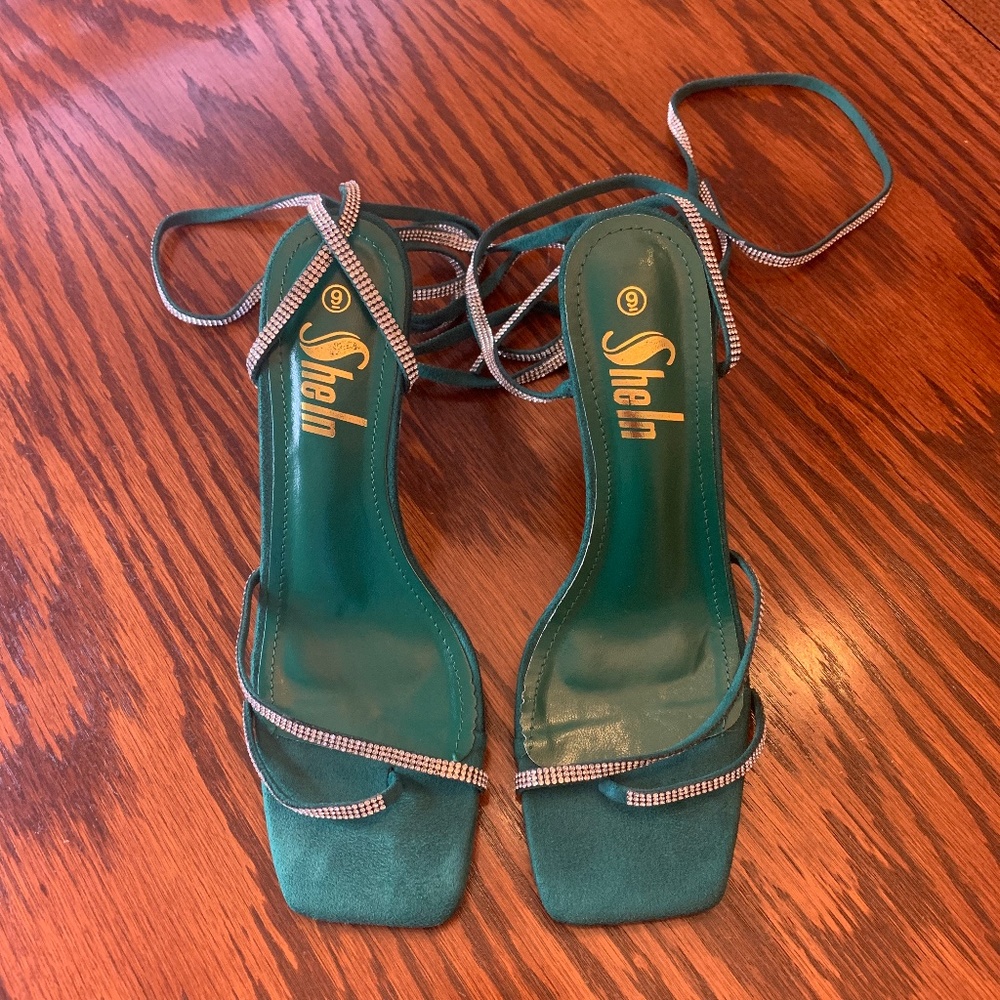 Shein Women’s Green/Jade and Silver Tie-Up Sandal Heels, Size 9